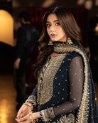Navy Blue Intricate Embroidery Sequins Work Sharara Palazzo Suit Set - BONYHUBSALWAR KAMEEZ