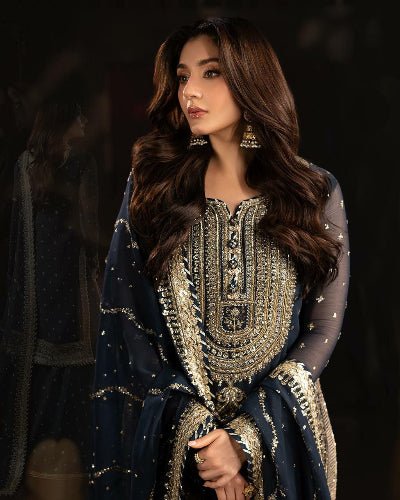 Navy Blue Intricate Embroidery Sequins Work Sharara Palazzo Suit Set - BONYHUBSALWAR KAMEEZ