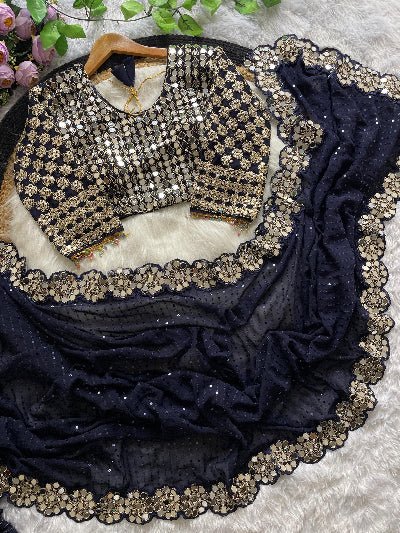 Navy Blue Mirror Work Saree Readymade Blouse Free UK Next Day - BONYHUBSAREE