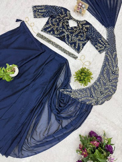 Navy Blue Ready to Wear Drape Saree Embroidered Blouse &amp; Waist Belt - BONYHUBSAREE