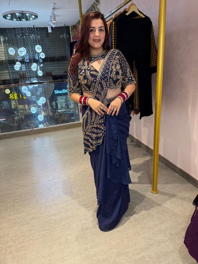 Navy Blue Ready to Wear Drape Saree Embroidered Blouse & Waist Belt - BONYHUBSAREE
