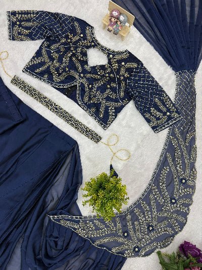 Navy Blue Ready to Wear Drape Saree Embroidered Blouse &amp; Waist Belt - BONYHUBSAREE