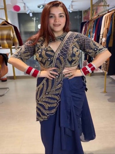 Navy Blue Ready to Wear Drape Saree Embroidered Blouse &amp; Waist Belt - BONYHUBSAREE