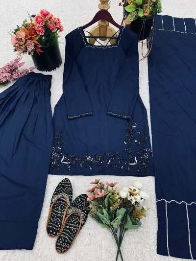 Navy Blue Sequins Work Farshi Suit Set - BONYHUBSALWAR KAMEEZ