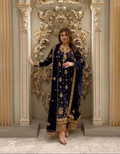 Navy Blue Sequins Work Wedding Wear Straight Suit Set - BONYHUBSALWAR KAMEEZ