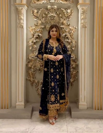 Navy Blue Sequins Work Wedding Wear Straight Suit Set - BONYHUBSALWAR KAMEEZ
