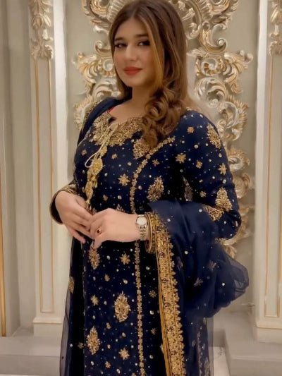 Navy Blue Sequins Work Wedding Wear Straight Suit Set - BONYHUBSALWAR KAMEEZ