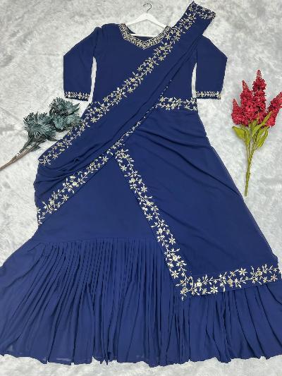 Navy Blue Superhit Saree Gown Stitched Readymade UK Next Day - BONYHUBSAREE
