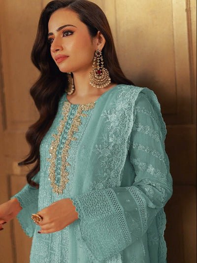 Noor Elegance: Mint Green Georgette Embroidered Salwar Suit Set - BONYHUBSALWAR KAMEEZ