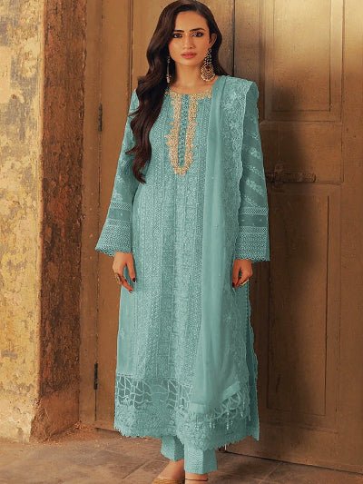 Noor Elegance: Mint Green Georgette Embroidered Salwar Suit Set - BONYHUBSALWAR KAMEEZ