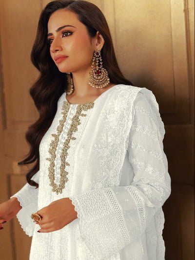 Noor Elegance: White Georgette Embroidered Salwar Suit UK Next Day - BONYHUBSALWAR KAMEEZ