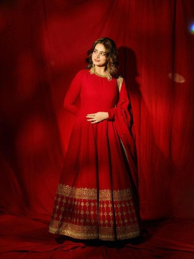 Noor Red Embroidered Vichitra Silk Anarkali Suit - BONYHUBSALWAR KAMEEZ