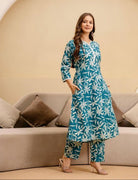 Ocean Blue Jaipuri Printed Cotton Kurti Pant Set Of 2 - BONYHUBSALWAR KAMEEZ