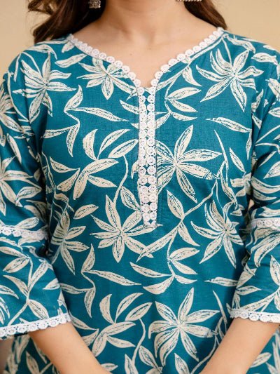 Ocean Blue Jaipuri Printed Cotton Kurti Pant Set Of 2 - BONYHUBSALWAR KAMEEZ