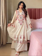 Off White Boho Embroidery Mirror Work Kurti Palazzo Set of 2 - BONYHUBSALWAR KAMEEZ