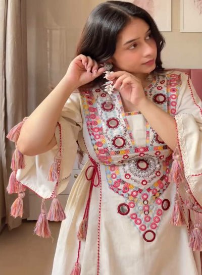 Off White Boho Embroidery Mirror Work Kurti Palazzo Set of 2 - BONYHUBSALWAR KAMEEZ