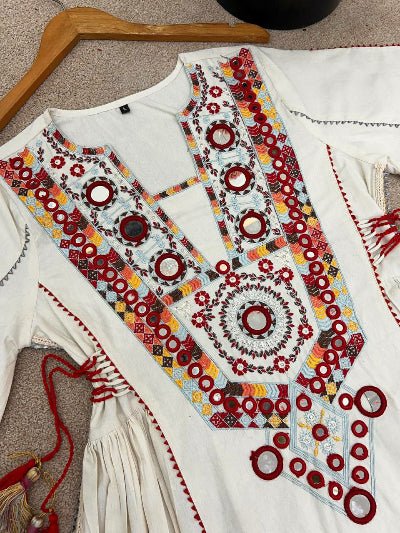 Off White Boho Embroidery Mirror Work Kurti Palazzo Set of 2 - BONYHUBSALWAR KAMEEZ