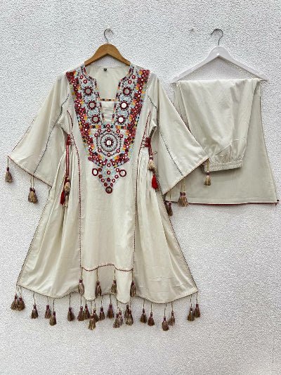 Off White Boho Embroidery Mirror Work Kurti Palazzo Set of 2 - BONYHUBSALWAR KAMEEZ