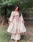 Off White Boho Embroidery Mirror Work Kurti Palazzo Set of 2 - BONYHUBSALWAR KAMEEZ