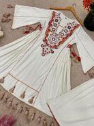 Off White Boho Embroidery Mirror Work Kurti Palazzo Set of 2 - BONYHUBSALWAR KAMEEZ