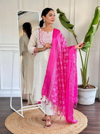 Off White Embroidered Cotton Straight Suit for Women - BONYHUBSALWAR KAMEEZ