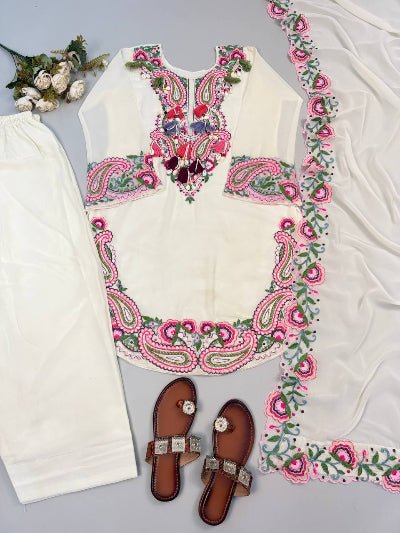 Off White Embroidered Georgette Farshi Suit Set - BONYHUBSALWAR KAMEEZ