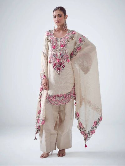 Off White Embroidered Georgette Farshi Suit Set - BONYHUBSALWAR KAMEEZ