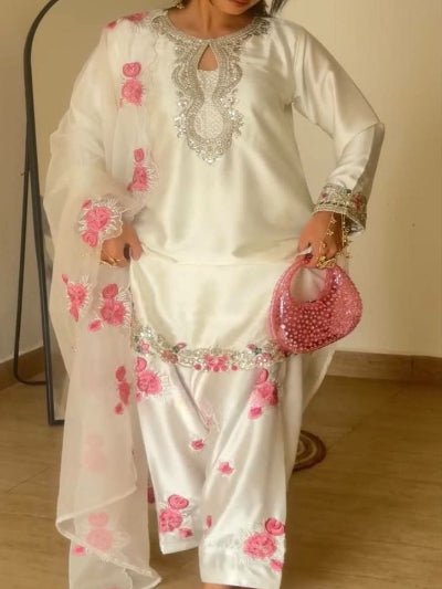 Off White Floral Embroidered Farshi Suit UK Next Day - BONYHUBSALWAR KAMEEZ