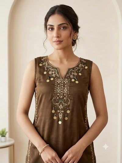 Olive Brown Sequins Embroidered Sleeveless Salwar Suit Set for Women UK - BONYHUBSALWAR KAMEEZ