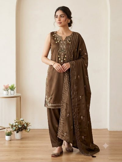 Olive Brown Sequins Embroidered Sleeveless Salwar Suit Set for Women UK - BONYHUBSALWAR KAMEEZ