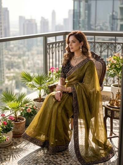 Olive Embroidered Ready to Wear Chiffon Saree with Stitched Velvet Blouse - BONYHUBSAREE