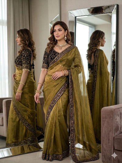 Olive Embroidered Ready to Wear Chiffon Saree with Stitched Velvet Blouse - BONYHUBSAREE