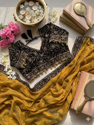 Olive Embroidered Ready to Wear Chiffon Saree with Stitched Velvet Blouse - BONYHUBSAREE