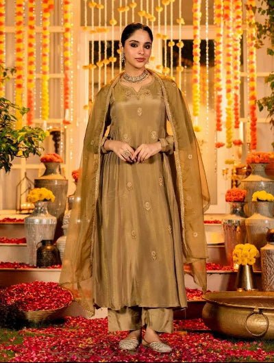 Olive Gold Chanderi Silk Embroidery Anarkali Suit Set - BONYHUBSALWAR KAMEEZ