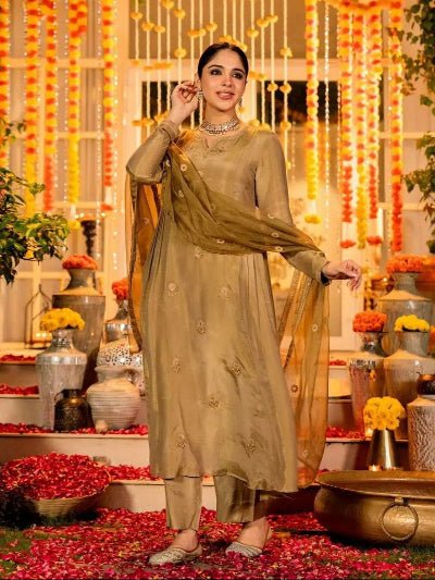 Olive Gold Chanderi Silk Embroidery Anarkali Suit Set - BONYHUBSALWAR KAMEEZ