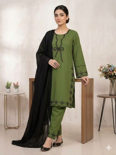Olive Green Black Embroidered Palazzo Suit Set - BONYHUBSALWAR KAMEEZ