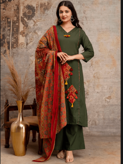 Olive Green Cotton Handwork Women&