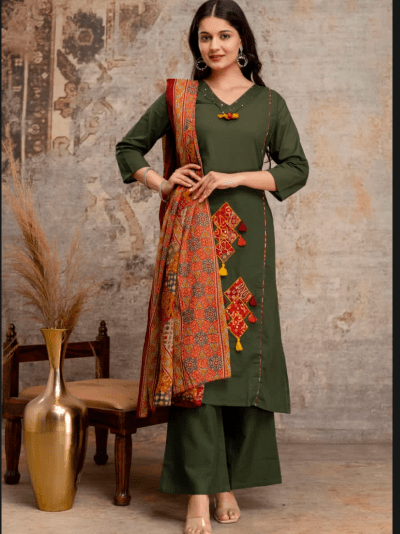 Olive Green Cotton Handwork Women&