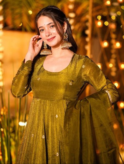 Olive Green Crunchy Silk Anarkali Suit - BONYHUBSALWAR KAMEEZ