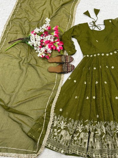 Olive Green Crunchy Silk Anarkali Suit - BONYHUBSALWAR KAMEEZ