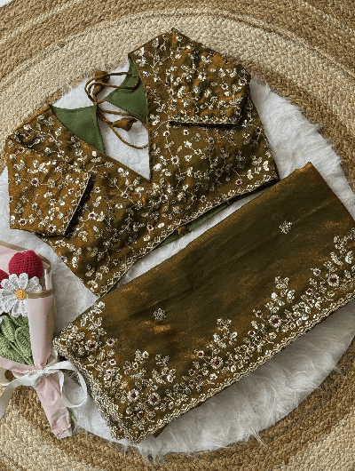 Olive Green Designer Sari Free Stitched Blouse Readytowear - BONYHUBSAREE