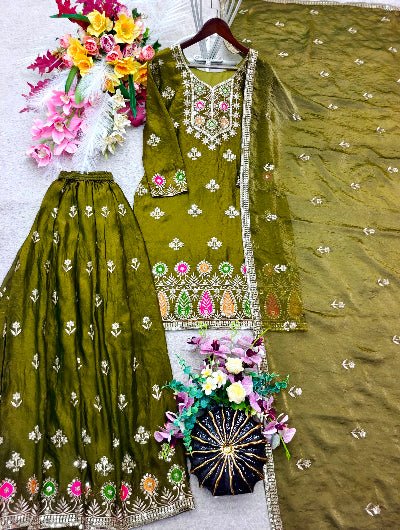 Olive Green Embroidered Sharara Suit Set for Women UK - BONYHUBSALWAR KAMEEZ