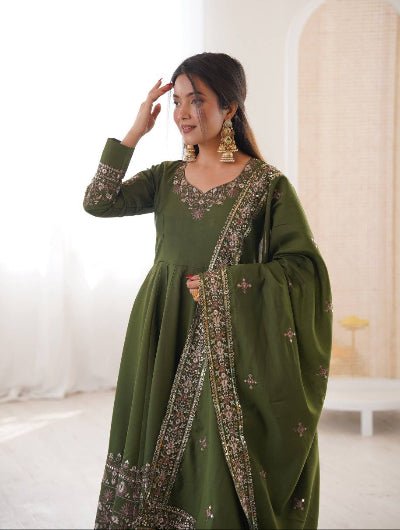 Olive Green Embroidery Work Anarkali Suit UK Next Day - BONYHUBSALWAR KAMEEZ