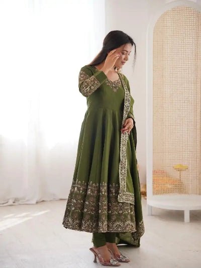 Olive Green Embroidery Work Anarkali Suit UK Next Day - BONYHUBSALWAR KAMEEZ