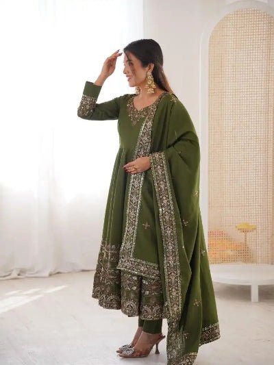 Olive Green Embroidery Work Anarkali Suit UK Next Day - BONYHUBSALWAR KAMEEZ