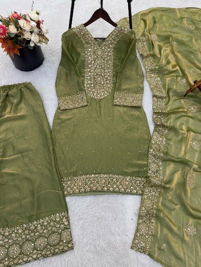 Olive Green Fendi Silk Gold Embroidered Palazzo Suit - BONYHUBSALWAR KAMEEZ