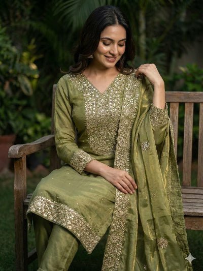 Olive Green Fendi Silk Gold Embroidered Palazzo Suit - BONYHUBSALWAR KAMEEZ