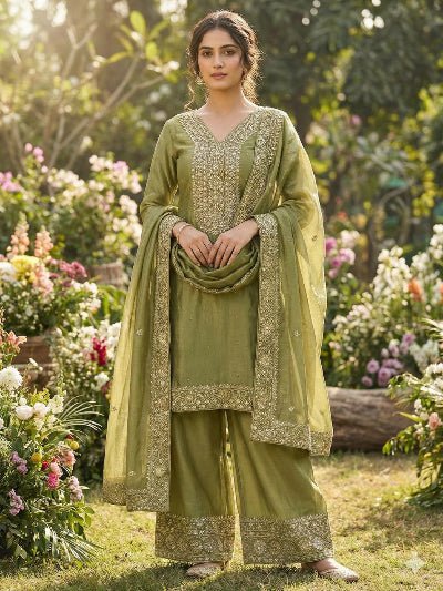 Olive Green Fendi Silk Gold Embroidered Palazzo Suit - BONYHUBSALWAR KAMEEZ
