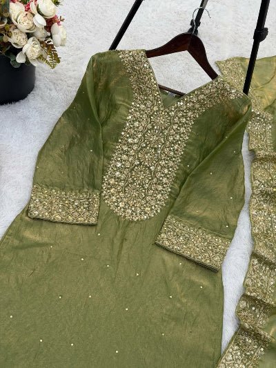 Olive Green Fendi Silk Gold Embroidered Palazzo Suit - BONYHUBSALWAR KAMEEZ