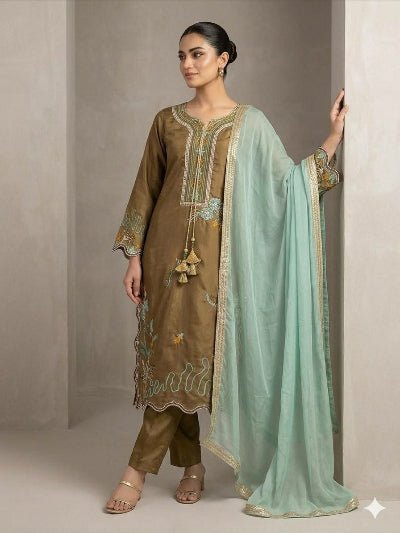Olive Green &amp; Mint Green Embroidered Straight Suit for Women - BONYHUBSALWAR KAMEEZ